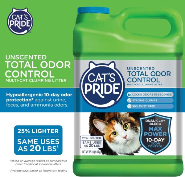 Cat's Pride Max Power: Total Odor Control - Up to 10 Days of Powerful Odor Control - Strong Clumping - Hypoallergenic - 99% Dust Free - Multi-Cat Litter, Unscented, 15 Pounds - Image 2