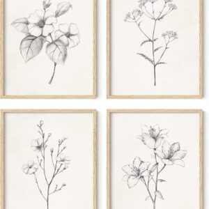 HAUS AND HUES Grey Floral Wall Art - Set of 4 Plant Posters for Wall Vintage, Botanical Prints, Black and White Flower Pictures for Room Aesthetic, Farmhouse Bathroom, Rustic Art (Beige Frame, 11x14)