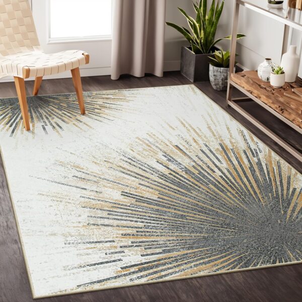 Lahome Modern Rugs for Living Room 5x7 Rug - Machine Washable Rugs Throw Soft Bedroom Area Rug Ultra-Thin Non-Slip Dining Room Rug, Abstract Print Carpet Rug for Office Kitchen (Gold/Gray, 5'x7') - Image 2