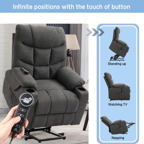 Power Lift Recliner Chair with Massage & Heat for Elderly, Linen Fabric Lazy Recliner Sofa Chairs with Cup Holders/USB/Side Pockets for Living Room, Dark Grey - Image 4