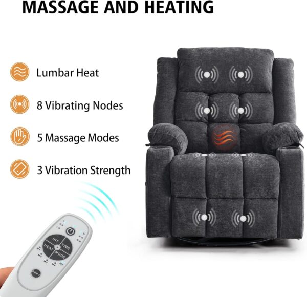 Power Swivel Rocker Recliner Massage Chair, USB and Type-C Ports, Electric Recliner Glider Reading Chairs Living Room, Upholstered Soft Fabric Reclining Sofa Chair (Dark Grey) - Image 4