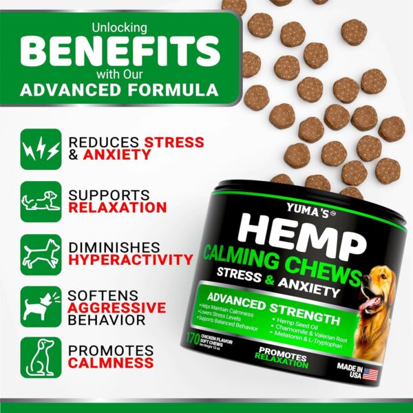 YUMA'S Hemp Calming Chews for Dogs - Advanced Dog Calming Treats - Dog Calming Chews - 170 Chews - Anxiety Relief Treats - Separation Aid, Barking, Stress Relief, Thunderstorms - Melatonin - Hemp Oil - Image 2