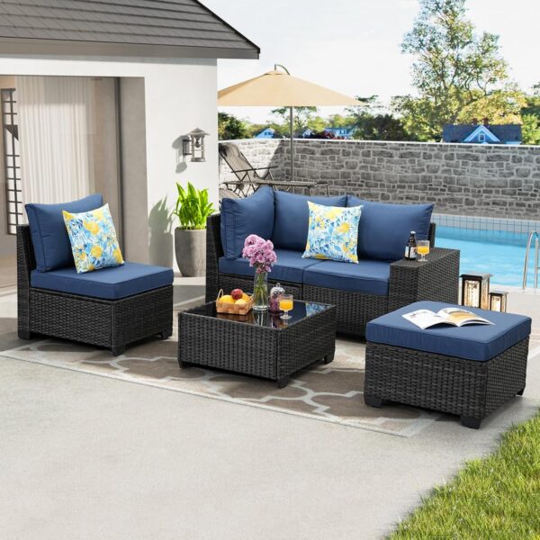 Patio Furniture Set 5 Pieces All Weather Patio Conversation Sets Wicker PE Rattan Outdoor Sectional Couch Sofa Set with Cushion Ottoman & Coffee Table for Garden, Backyard, Poolside Beige - Image 7