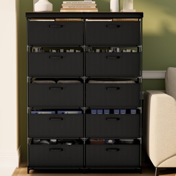Dresser with 10 Fabric Drawer Solid Wood TV Stand Desktop Sturdy Metal Support Tube Cube Storage Cabinet for Closet Bedroom Organization Dorm Front Hall Entryway (10 Drawer)