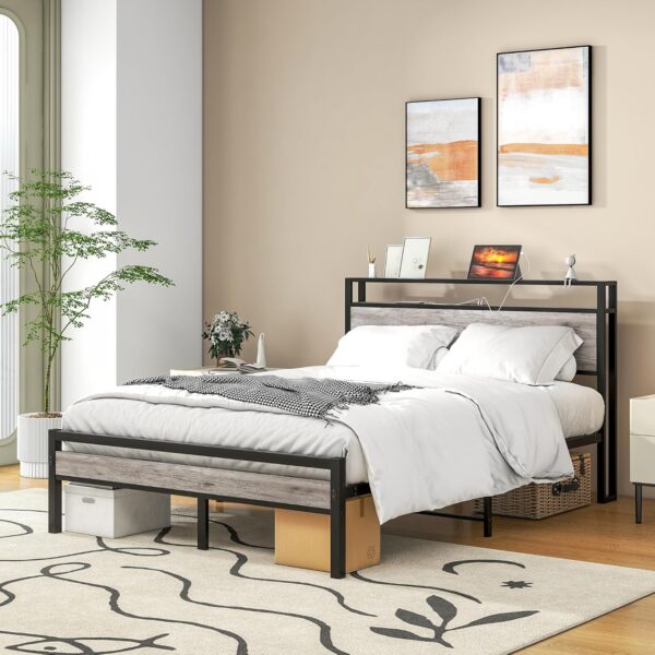 HOJINLINERO Full Size Bed Frame with Storage Headboard/USB Charging Station,Metal Platform Bed Frame Full Size No Box Spring Needed,Noise-Free,Strong Steel Slats Support,Warm Grey - Image 3