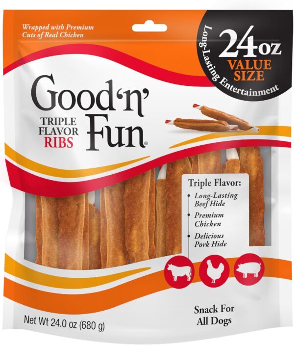 Good 'n' Fun Triple Flavor Ribs, 24 Ounces, Rawhide Chews for All Dogs