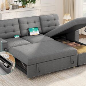 YITAHOME Pull Out Couch, L Shaped Sleeper Sofa Bed Couch Convertible with USB and Type C Charging Ports, Hidden Storage for Living Room Office Home, Dark Grey