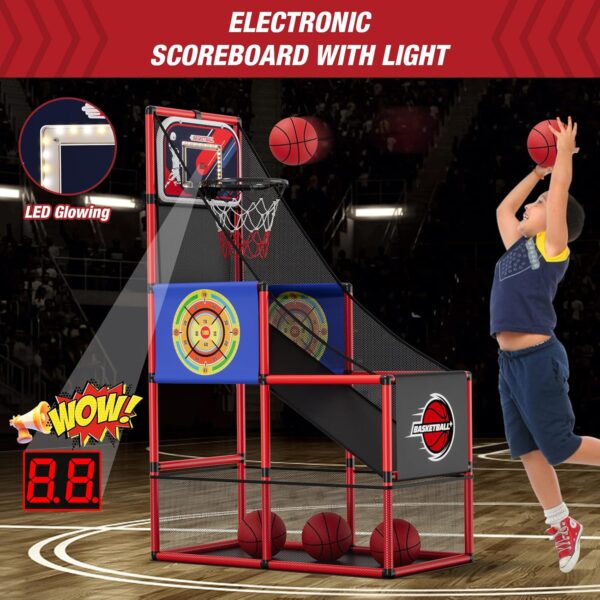 2 in 1 Basketball Arcade Game with 2 Dart Boards/Electronic Scoreboard/LED Light, Single Shot Kids Basketball Hoop for Home Indoor Outdoor, Sport Toys Gifts for Boys Girls Ages 3-12 Years Old - Image 3