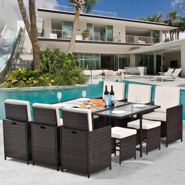 Outdoor Garden Patio Furniture 11 Piece Cushioned PE Rattan Wicker Dining Set，outdoor dining set； 10 person dining table；outdoor dining table for 8；wicker ottoman；patio dining set，save space dining - Image 3