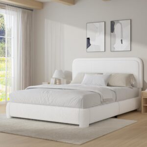 Queen Bed Frame, Boucle Upholstered Platform Bed Frame with Headboard, Modern Style, Soft Rounded Corners, No Box Spring Required, Easy Assembly, White