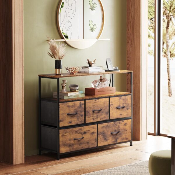 WLIVE Fabric Dresser for Bedroom with 5 Drawers, Entertainment Center with Open Shelf and Power Outlet for 45 inch TV, Dresser TV Stand with Storage for Closet, Rustic Brown - Image 4