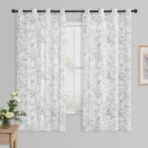Beauoop Light Filtering Window Curtains 63 Inches Long Rose Floral Botanical Print Panels Vintage Classical Canvas Drapes for Bedroom/Living Room/Kitchen Grommet Window Treatment, 52"W, Gray(2 Panels)