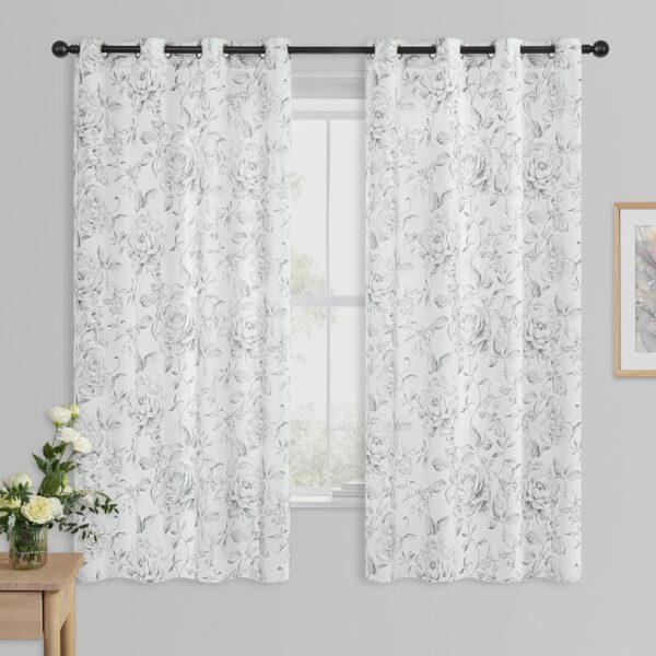 Beauoop Light Filtering Window Curtains 63 Inches Long Rose Floral Botanical Print Panels Vintage Classical Canvas Drapes for Bedroom/Living Room/Kitchen Grommet Window Treatment, 52"W, Gray(2 Panels)