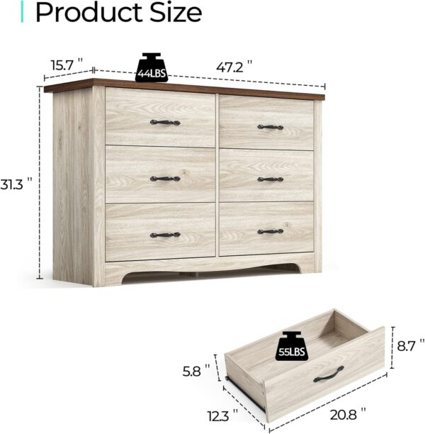 LINSY HOME 6 Drawers Dresser for Bedroom, Modern Wood Dresser Organizer, Closet Dresser Storage with Metal Handles, Large Bedroom Dresser, Oak White - Image 6