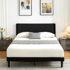 Full Bed Frame Upholstered Platform with Headboard and Strong Wooden Slats,Non-Slip,No Box Spring Needed, Easy Assembly,Black