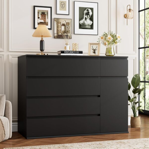 FOTOSOK 5 Drawer Dresser, Black Dresser Modern Dresser for TV Stand, Double Dresser Wide Storage Chests of Drawer with Door, Deep Drawers and Wide Storage Space - Image 6