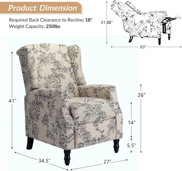 HULALA HOME Wingback Recliner Chair, Traditional Push Back Recliner Single Sofa Chair with Solid Wood Legs, Modern Lounge Armchair for Living Room, Comfy Upholstered Accent Reclining Chair, Indigo - Image 2