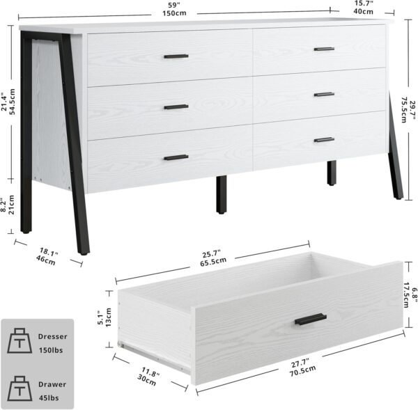 LIKIMIO 59" 6 Drawer Dresser for Bedroom, Wood Dressers & Chests of Drawers with Metal Frame, Large Storage Cabinet, Closet, Hallway, White Dresser - Image 3