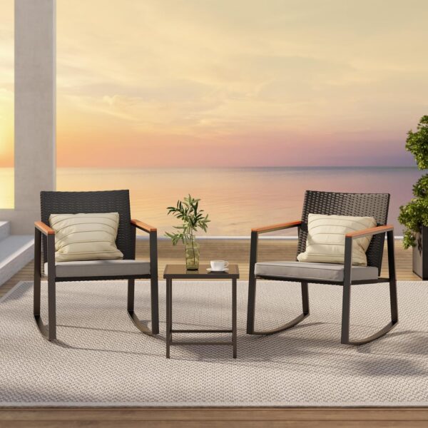 Gizoon 3 Pieces Rocking Patio Bistro Set with Anti-Scald Armrest, Outdoor Patio Wicker Furniture Set with Glass Table and Cushion for Garden, Yard, Porch - Image 3