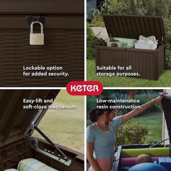 Keter Borneo 416L Storage Box, All-Weather Wicker Rattan-Style Resin Deck Box and Stylish Outdoor Bench with Piston-Assisted Lockable Lid, Brown - Image 3