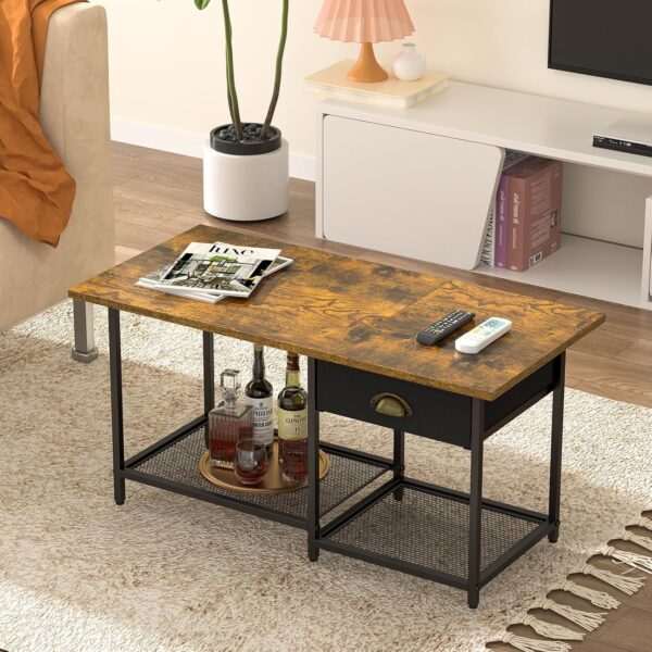 Small Coffee Tables for Living Room with Drawer, 2-Tier Center Small Table for Small Spaces, Farmhouse Simple Table with 2 Wire Mesh Storage Racks, 15.79" D X 33.11" W X 16.81" H - Image 6