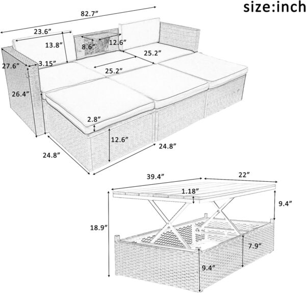 EMKK Patio Furniture Set,Outdoor Wicker ConversationSets,Rattan Sectional Sofa w/Ottomans and Lift Top Coffee Table,Seat Cushions for Backyard Porch Garden Poolside - Image 2