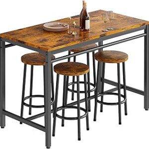 AWQM Bar Table Set, Dining Table Set for 4, High Top Kitchen Table and Chairs for 4, Rectangle Bar Table with 4 Round Stools for Breakfast Nook, Kitchen, Dining Room, Restaurant - Rustic Brown