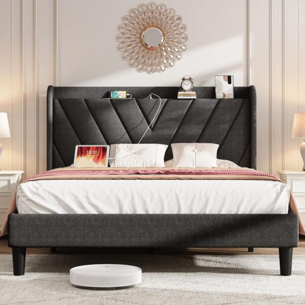 Queen Bed Frame with Headboard, Adjustable Upholstered Platform Bed Frame with Type-C&USB Ports, Wingback Storage Headboard, Solid Wood Slats Support, No Box Spring Needed, Dark Gray