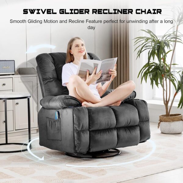 COMHOMA Recliner Chair, Swivel Rocker Recliner with Cup Holders, Heat and Massage, Fabric Recliners Sofa for Living Room (Grey) - Image 4