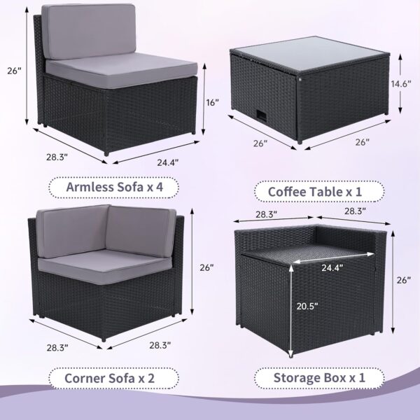 8 Pieces Outdoor Wicker Rattan Patio Furniture Sectional Set, Glass Top Table with Hidden Storage, 7 Sofa Sections, Oversized Cushions, Black Color Rattan with Light Grey Cushion - Image 6