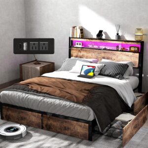 Queen Size Bed Frame with 4 Storage Drawers and Headboard with Charging Station and LED Lights,2 Tier Solid Wood Headboard Storage,Noise Free, No Box Spring Needed,Remote Control/Vintage Brown