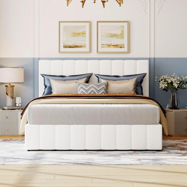 Merax Upholstered Gas Lift Up Storage Platform Bed : Queen Size Bed with Tufted Headboard Wooden Slat Support and Under Bed Storage,White - Image 3