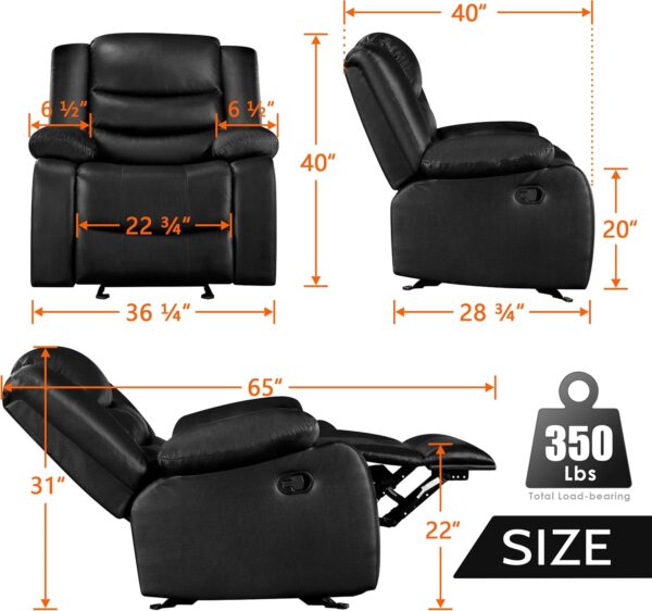 PrimeZone Oversized Rocker Recliner Chair - Comfy Wide Lazy Boy Recliner Chair with Overstuffed Armrest, Faux Leather Manual Reclining Chair for Living Room, Bedroom, Home Theater Seating, Black - Image 3