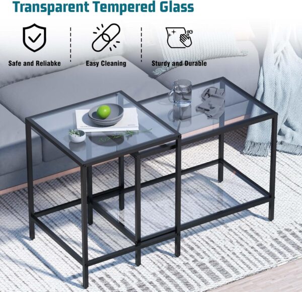 Nesting Coffee Table,Small Glass Coffee Table Set of 2,Black Modern Square Sofa Side Tea Table for Living Room,Bedroom and Small Spaces,2 Tier Tempered Glass with Sturdy Metal Frame, Easy Assembly - Image 3