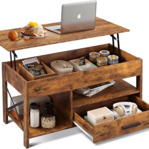 WLIVE Coffee Table, 39" Lift Top Coffee Table with Hidden Compartment, Storage Drawers and Storage Shelf for Living Room, Reception Room, Rustic Brown