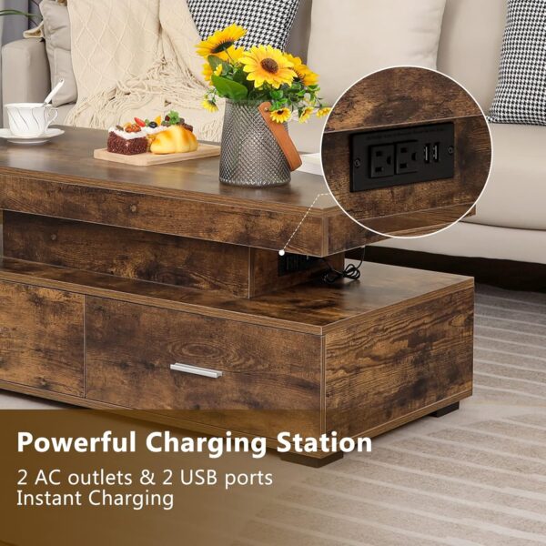 WEENFON LED Coffee Table, Smart Coffee Table with Charging Station, Lift Top, 21 Colors Change, 2 Tiers Modern Tea Table with Storage, Living Room Furniture, Rectangle Design, Rustic Brown - Image 4
