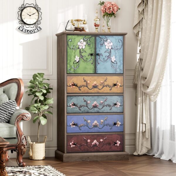 finetones 50’’ Tall Dresser, Boho Dresser Vintage Dresser with 4 Drawers and 2 Doors, Wood Dresser Chests of Drawers for Home, 16.1D x 23.6W x 50H Inch - Image 2
