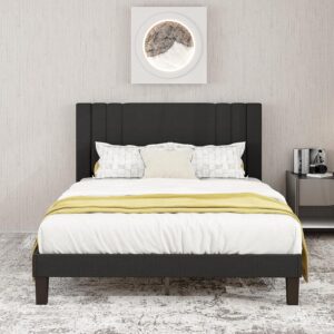 Queen Size Bed Frame, Linen Fabric Upholstered Platform with Headboard (Dark Black, Queen (U.S. Standard))