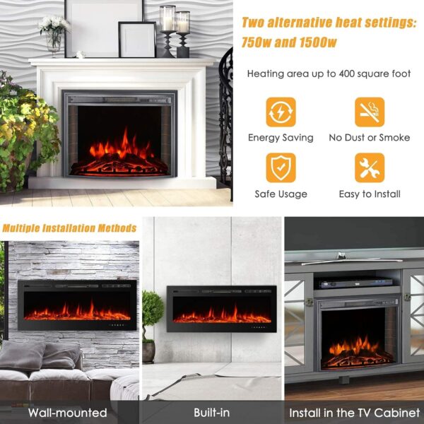 CharaVector Electric Fireplaces-60 Inch-Recessed and Wall Mounted Fireplace- Insert Heater LED Fire Place-Remote Control & Touch Screen,1-12 Hours Timer, 12 Color Flame and Log Color - Image 6
