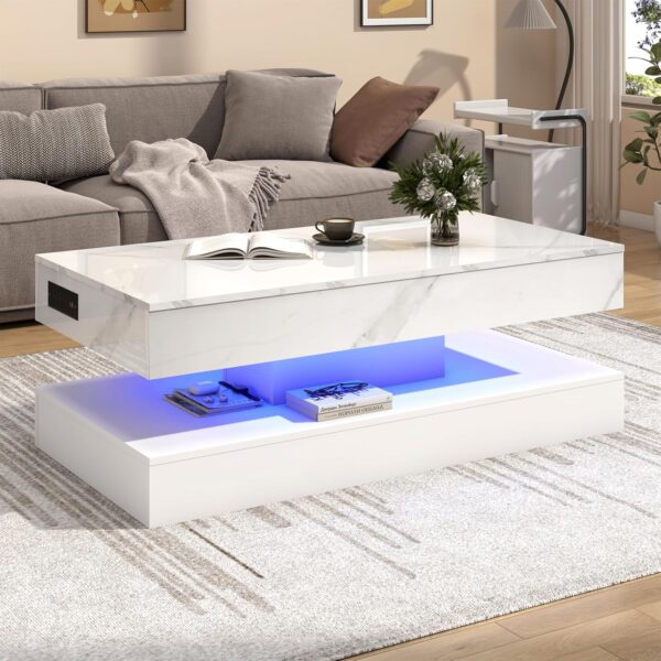 47.2" Large Lift Top Coffee Table with Charging Station, LED Modern High Glossy Center Table with Hidden Compartment Storage, White Lift Living Room Tables with Marbling Print - Image 7