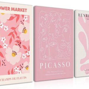 Djmwtb Matisse Picasso Abstract Canvas Wall Art Framed Set of 3 Pink Flower Market Poster Prints Aesthetic Pictures Modern Minimalist Wall Decor Painting for Living Room Bedroom Bathroom 12"x16"x3