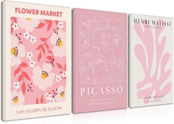 Djmwtb Matisse Picasso Abstract Canvas Wall Art Framed Set of 3 Pink Flower Market Poster Prints Aesthetic Pictures Modern Minimalist Wall Decor Painting for Living Room Bedroom Bathroom 12"x16"x3