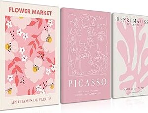 Djmwtb Matisse Picasso Abstract Canvas Wall Art Framed Set of 3 Pink Flower Market Poster Prints Aesthetic Pictures Modern Minimalist Wall Decor Painting for Living Room Bedroom Bathroom 12"x16"x3