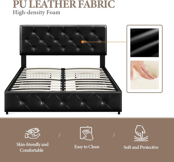 Yaheetech Queen Size Upholstered Bed Frame with 4 Drawers and Adjustable Headboard, Faux Leather Platform Bed with Mattress Foundation Strong Wooden Slats Support, No Box Spring Needed, Black - Image 4