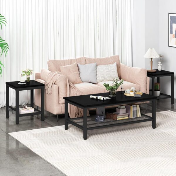 Lamerge 3 Pieces Living Room Table Set, Industrial Coffee Table with 2 Square End Side Tables, Coffee Table Set with Metal Frame for Apartment Home Office, Black - Image 3