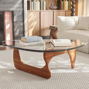 Coffee Table for Living Room, Glass Coffee Table with Wood Legs, Mid Century Modern Coffee Table, Rustic Oval Walnut Center Table for Small Spaces, Mesa de Centro para Sala