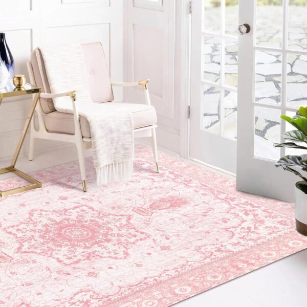 Area Rug 5x7 - Vintage Honeycomb Non Slip Bedroom Rug Pink Rug Soft Faux Wool Carpet Foldable & Machine Washable Rugs for Living Room Nursery Room Dorm Kids Playroom Home Office - Image 2