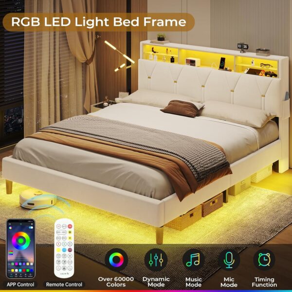 Full Size Bed Frame with Headboard Storage & LED Lights, Platform Bed Frame Full Size with Charging Station, Velvet Upholstered Bed with Shelf Headboard, No Box Spring Needed, Creamy White - Image 3
