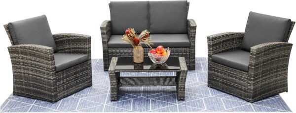 LayinSun 4 Piece Outdoor Patio Furniture Sets, Wicker Conversation Sets, Rattan Sofa Chair with Cushion for Backyard Lawn Garden (Grey) - Image 7