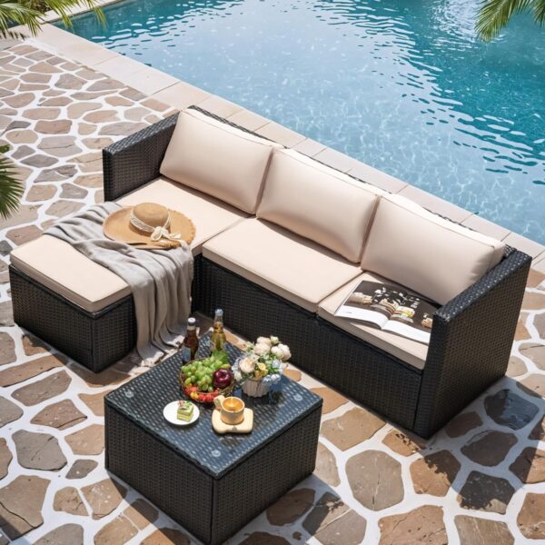 Greesum 3 Piece Patio Furniture Set Outdoor Wicker Rattan Sectional Sofa with Adjustable Seat, Soft Cushions & Coffee Table for Yard, Garden, Porch, Poolside, Beige - Image 2